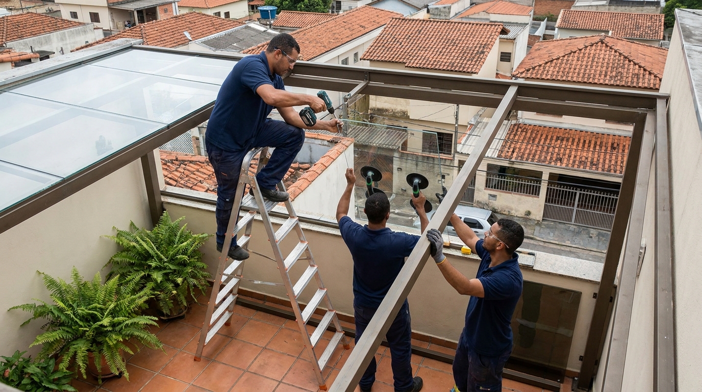 Cobertura de vidro em terraço com telhados em Pelotas-RS