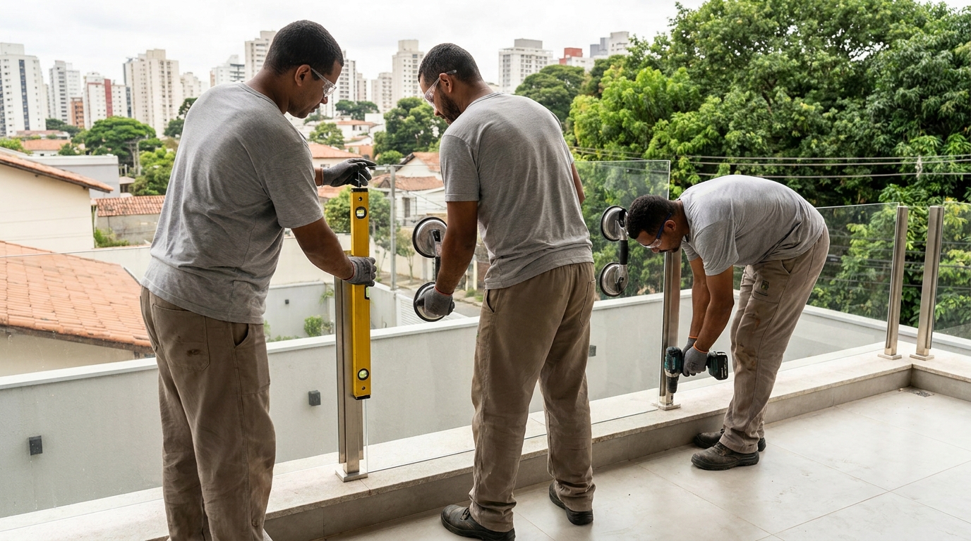 Guarda-corpo em terraço alto com vista cidade em Pelotas-RS