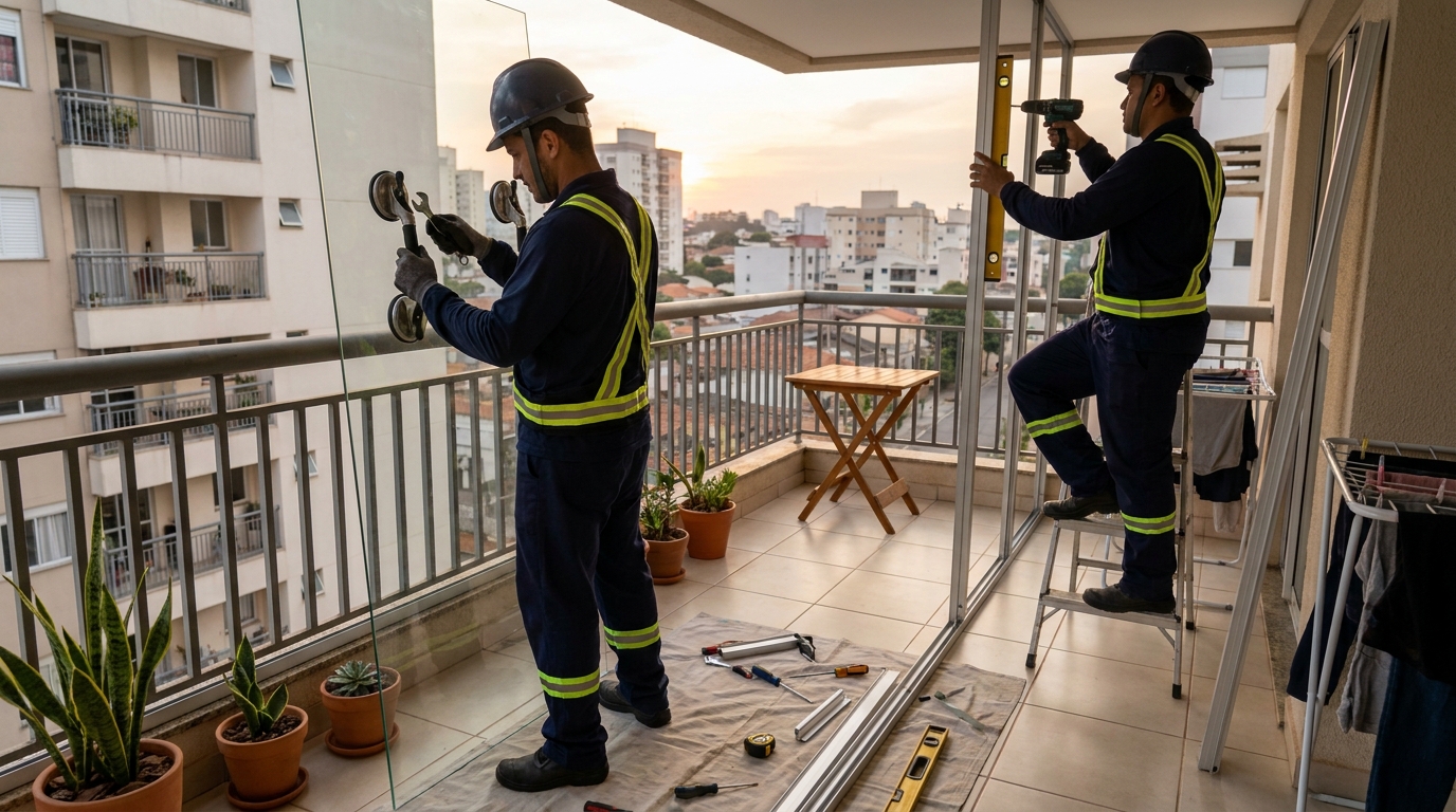 Instalação de parede de vidro em sacada em Pelotas-RS