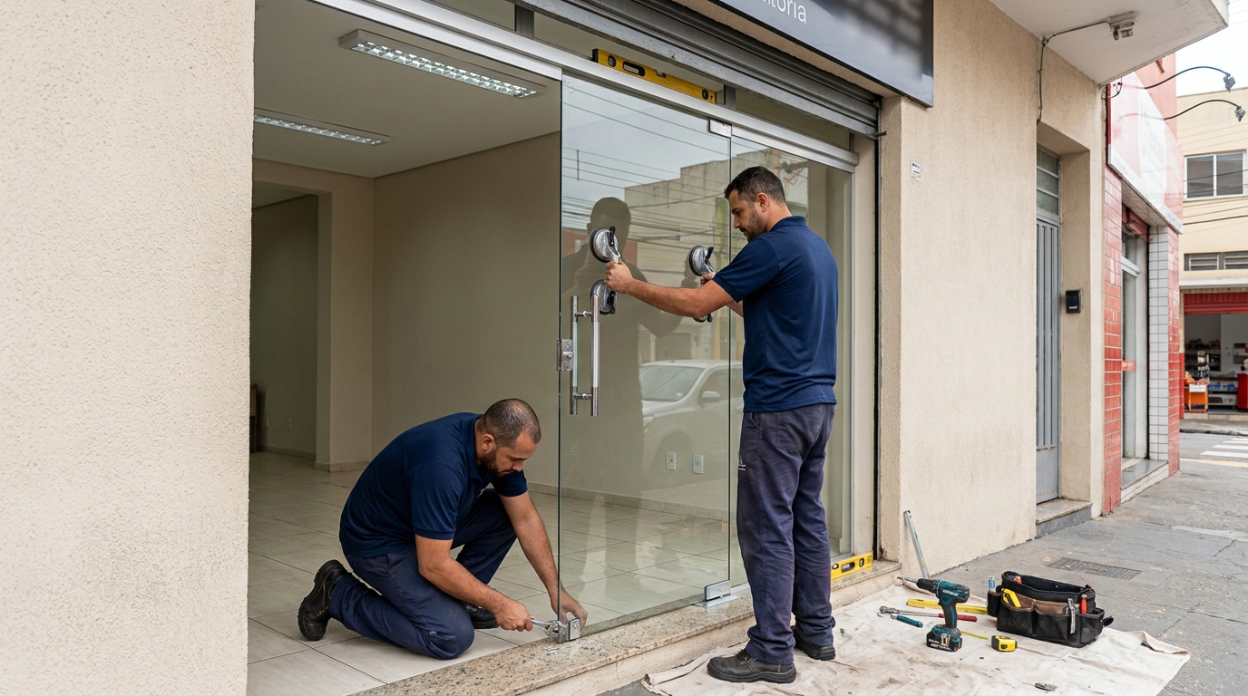 Porta de vidro com puxador inox em Pelotas-RS